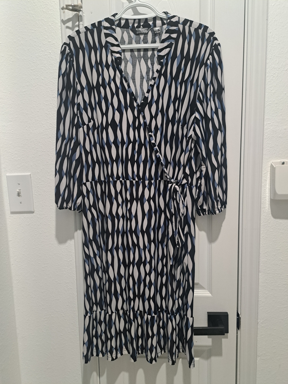 Mlle Gabrielle Navy and White Geometric Wrap Midi Dress